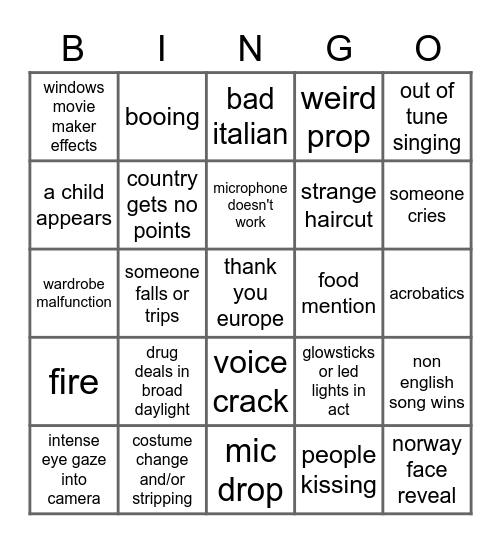 eurovision 2022 Bingo Card