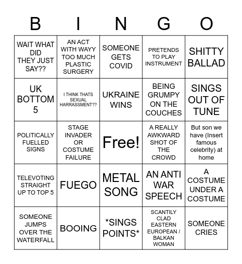 EUROVISION BINGO BOARD Bingo Card