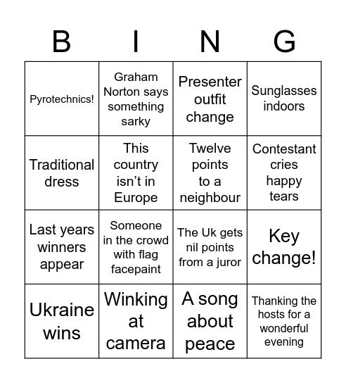 Eurovision Bingo Card 4 Bingo Card