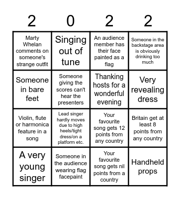 Eurovision Bingo-tastic Bingo Card