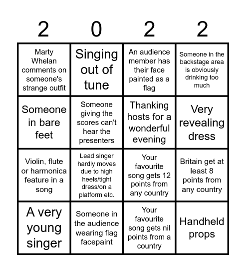Eurovision Bingo-tastic Bingo Card