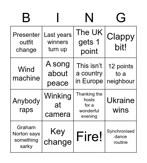 Eurovision Bingo Card 5 Bingo Card