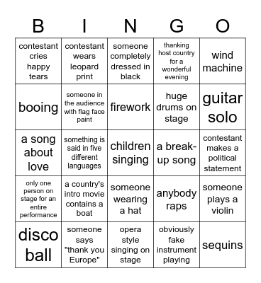 ESC Bingo Rostock 2022 Bingo Card