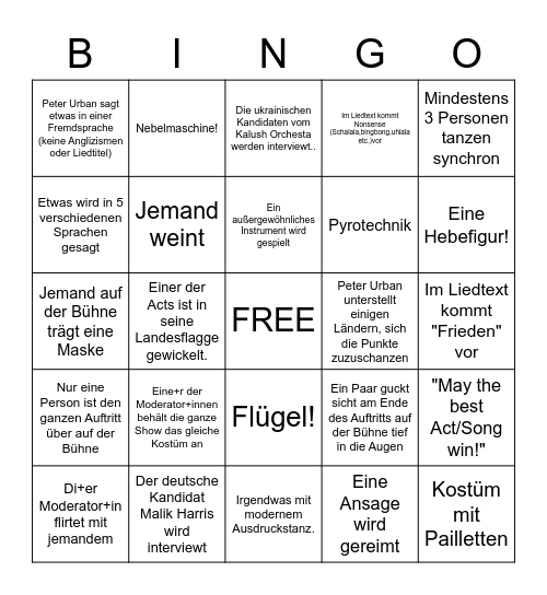 ESC 2022 Bingo Card