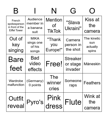 Eurovision 2022 Bingo Card