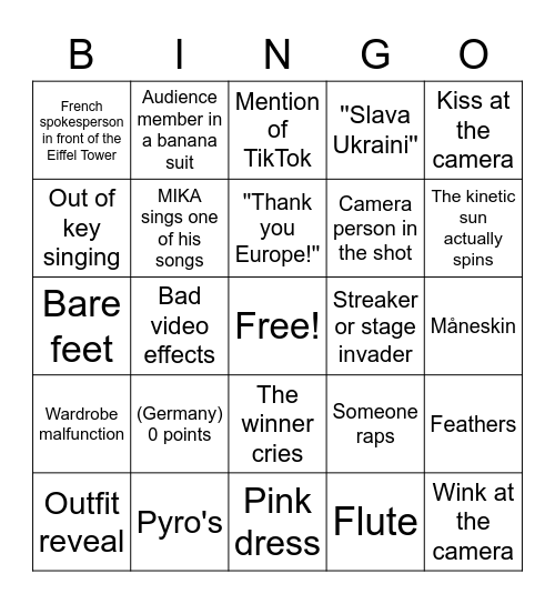 Eurovision 2022 Bingo Card