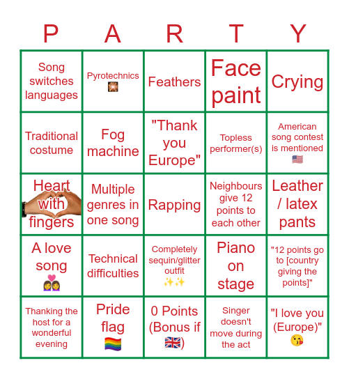 Eurovision 2022 Grand Final Bingo Card