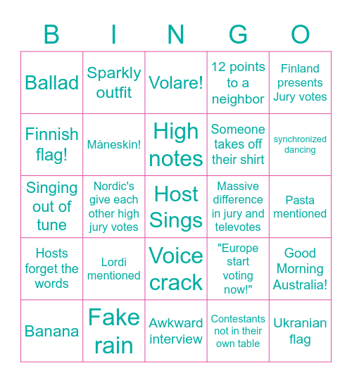 Eurovision Bingo Card