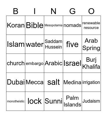 Middle East Bingo Card