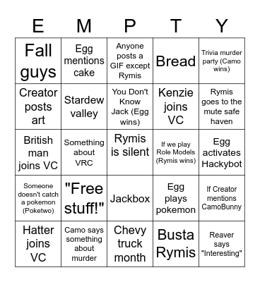 Empty Space VC bingo Card