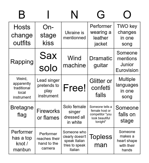 Eurovision 2022 Bingo Card