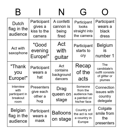 Eurosong Bingo Card