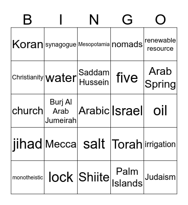 Middle East Bingo Card
