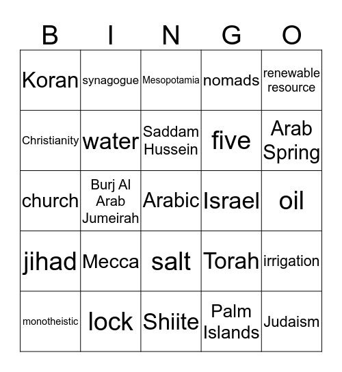 Middle East Bingo Card