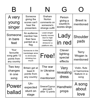 Eurovision Bingo Card