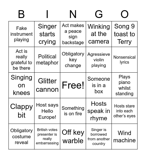 Eurovision Bingo Card