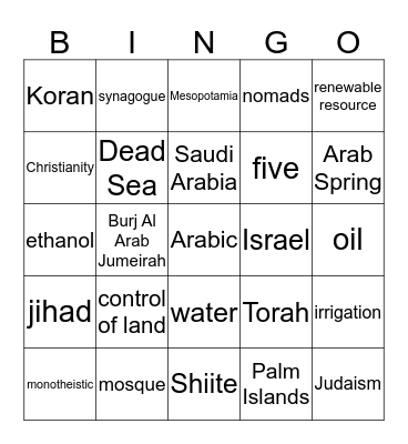 Middle East Bingo Card