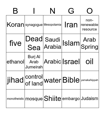 Middle East Bingo Card