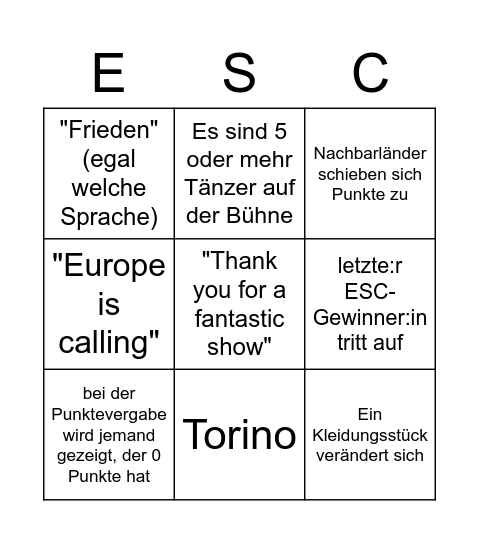 ESC Bingo Card