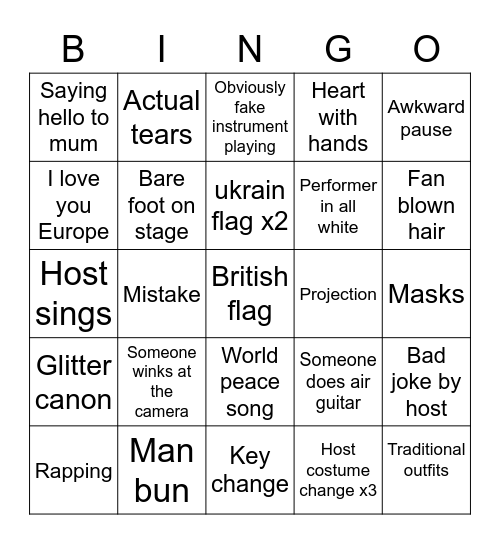 Eurovision 2022 Bingo Card