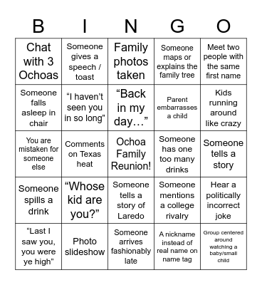 Ochoa Family Reunion Bingo Card