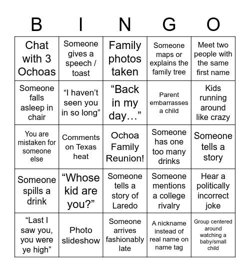 Ochoa Family Reunion Bingo Card