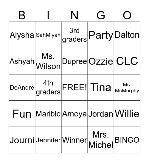 3/4th graders in CLC Bingo Card