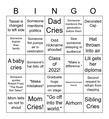 Lili's Graduation Bingo Card