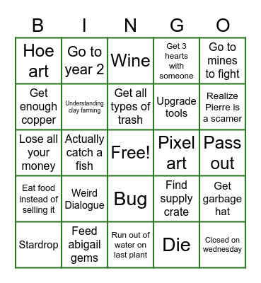 Stardew valley Bingo Card