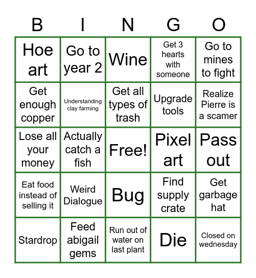 Stardew valley Bingo Card