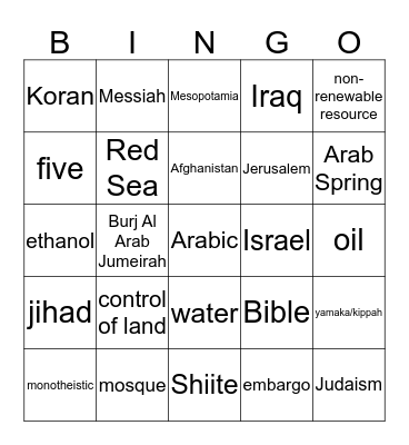 Middle East Bingo Card
