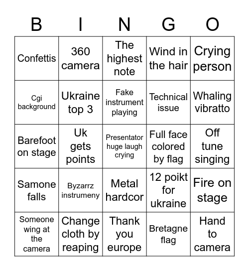 Eurovision 2022 Bingo Card