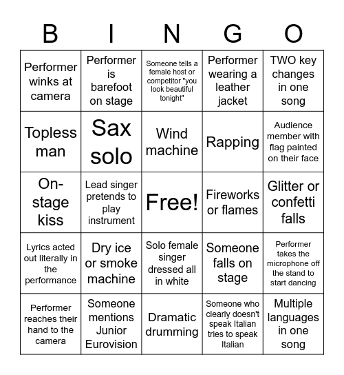 Eurovision Bingo - 2022 Bingo Card