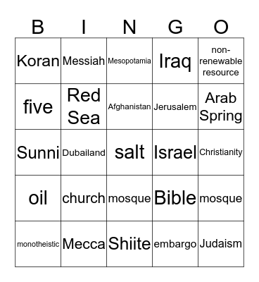 Middle East Bingo Card