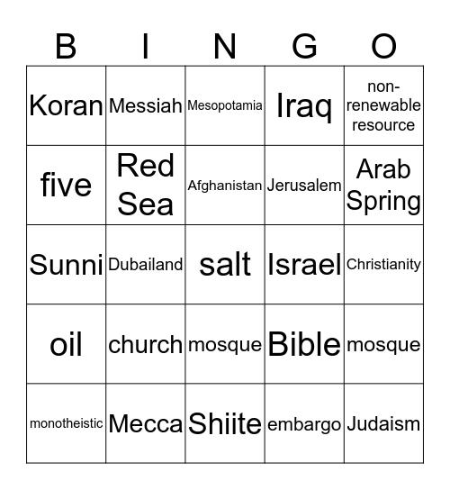 Middle East Bingo Card