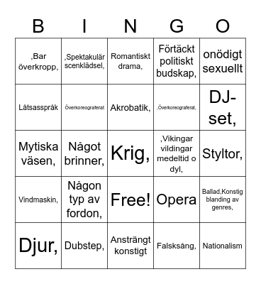 EUROVISION Bingo Card