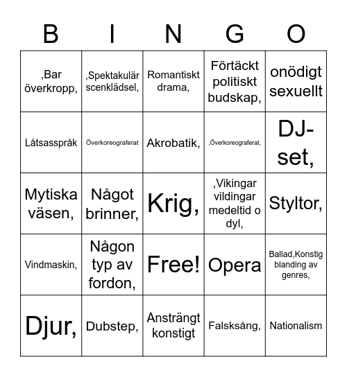 EUROVISION Bingo Card