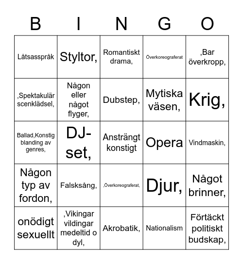 Eurovision Bingo Card