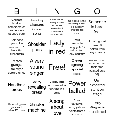 Eurovision Bingo Card