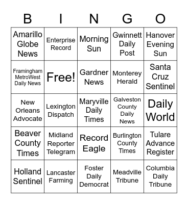 Newspaper Bingo Card