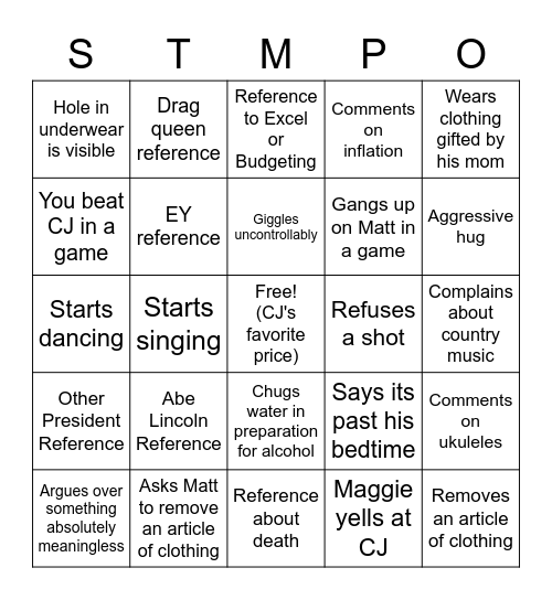 STUMP-O Bingo Card