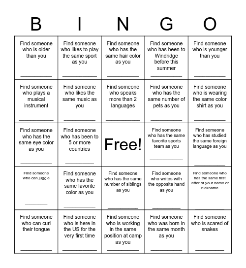 Human Bingo Game Bingo Card