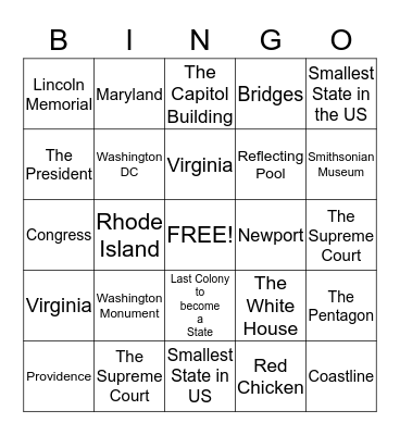 Washington D.C/Rhode Island Bingo Card