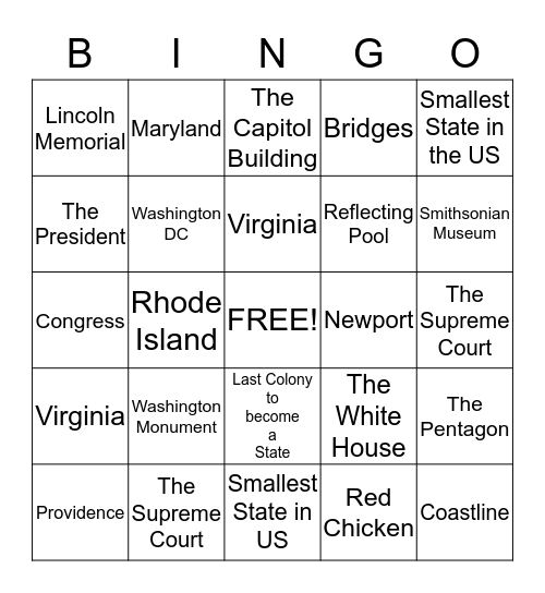 Washington D.C/Rhode Island Bingo Card