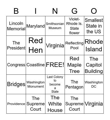 Washington D.C/Rhode Island Bingo Card