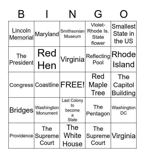 Washington D.C/Rhode Island Bingo Card