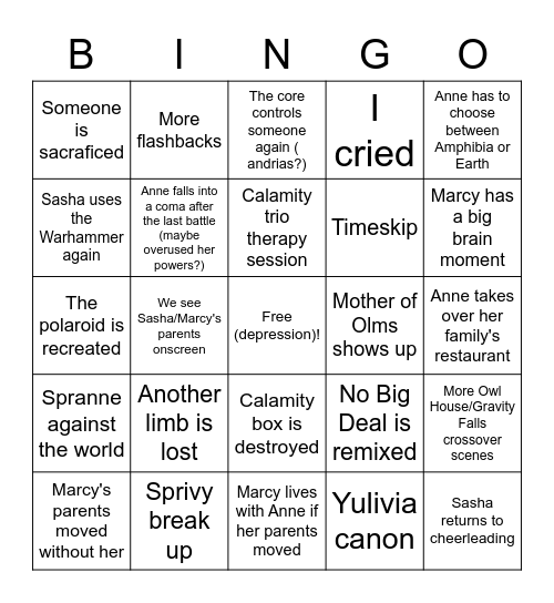 Amphibia The Hardest Thing Bingo Card