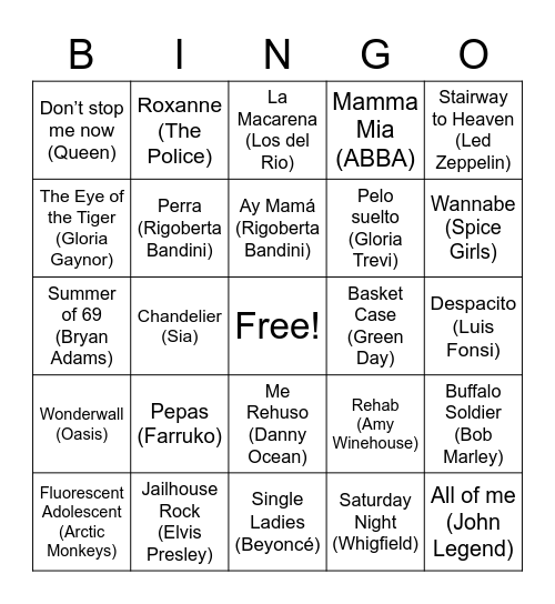 musical bingo!!!!!!! Bingo Card