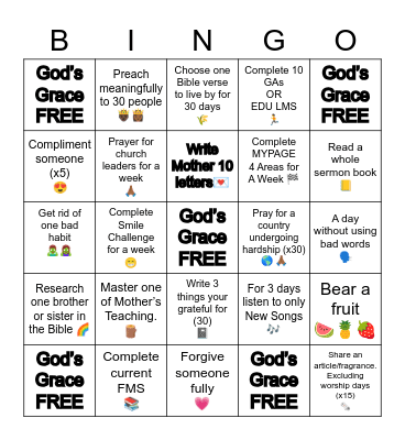 Spiritual Bingo Card