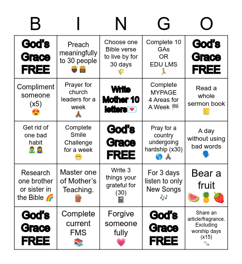 Spiritual Bingo Card